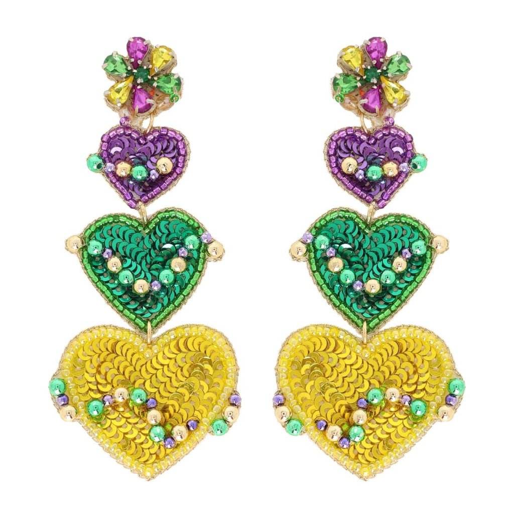 4-Tier Marquise Post Mardi Gras Crystal Gemstone Triple Heart Long Drop Earrings